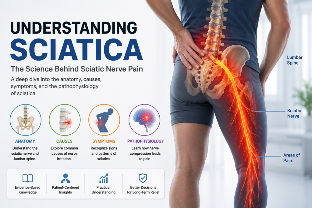 Illustration explaining the common causes and risk factors of sciatica including lumbar disc herniation, spinal stenosis, spondylolisthesis, piriformis syndrome and sacroiliac joint dysfunction with sciatic nerve anatomy by Aryan Physiotherapy, Osteopathy & Manipulation Clinic in Dalanwala, Dehradun.