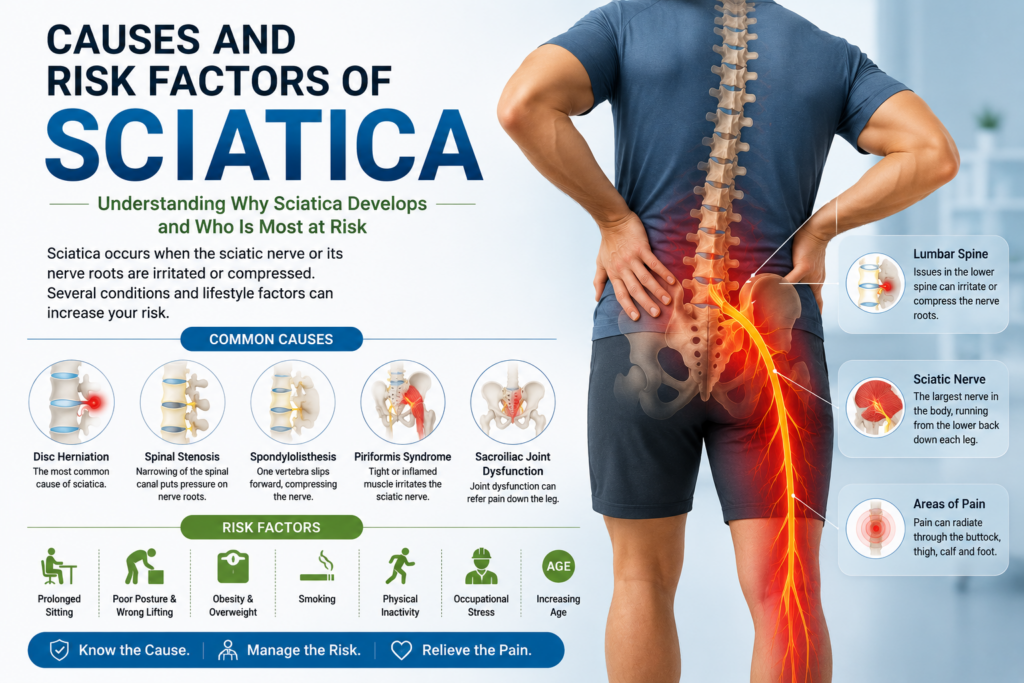 Illustration explaining the common causes and risk factors of sciatica including lumbar disc herniation, spinal stenosis, spondylolisthesis, piriformis syndrome and sacroiliac joint dysfunction with sciatic nerve anatomy by Aryan Physiotherapy, Osteopathy & Manipulation Clinic in Dalanwala, Dehradun.