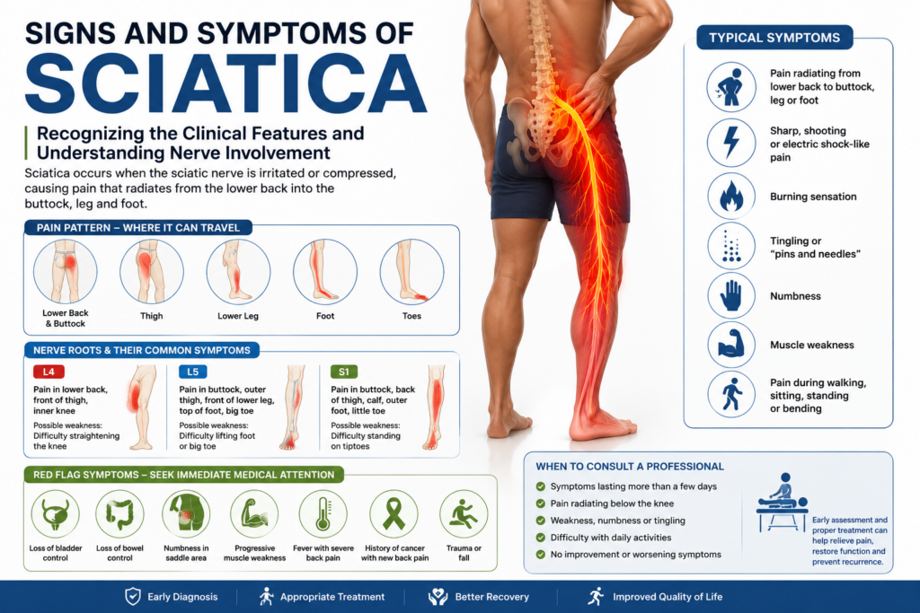 Educational infographic explaining the common signs and symptoms of sciatica including radiating leg pain, numbness, tingling, burning sensation, muscle weakness, nerve root distribution, red flag symptoms and when to seek professional physiotherapy care at Aryan Physiotherapy, Osteopathy & Manipulation Clinic, Dalanwala, Dehradun, Uttarakhand.