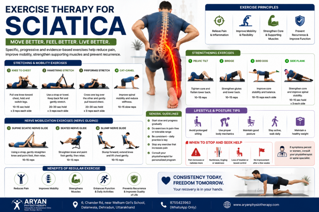 Educational infographic demonstrating evidence-based exercise therapy for sciatica, including stretching exercises, nerve gliding techniques, core strengthening, mobility training, posture correction, rehabilitation guidelines and warning signs for safe recovery by Aryan Physiotherapy, Osteopathy & Manipulation Clinic, Dalanwala, Dehradun, Uttarakhand.