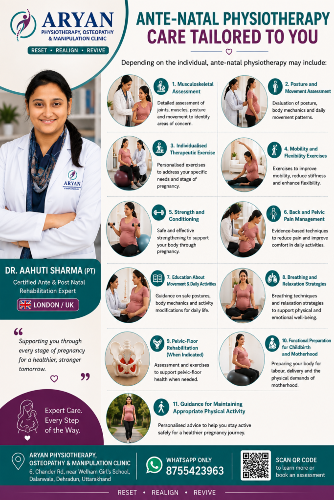 Ante-natal physiotherapy services in Dehradun by Dr. Aahuti Sharma (PT), Certified Ante & Post Natal Rehabilitation Expert (London/UK), offering pregnancy physiotherapy including assessment, exercise, pain management, pelvic-floor rehabilitation, and preparation for childbirth.