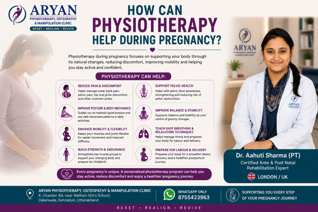 Ante-natal physiotherapy in Dehradun with Dr. Aahuti Sharma (PT), Certified Ante & Post Natal Rehabilitation Expert (London/UK), highlighting pregnancy physiotherapy for pain relief, posture, mobility, strength, pelvic-floor health, balance, breathing, and preparation for labour and delivery.