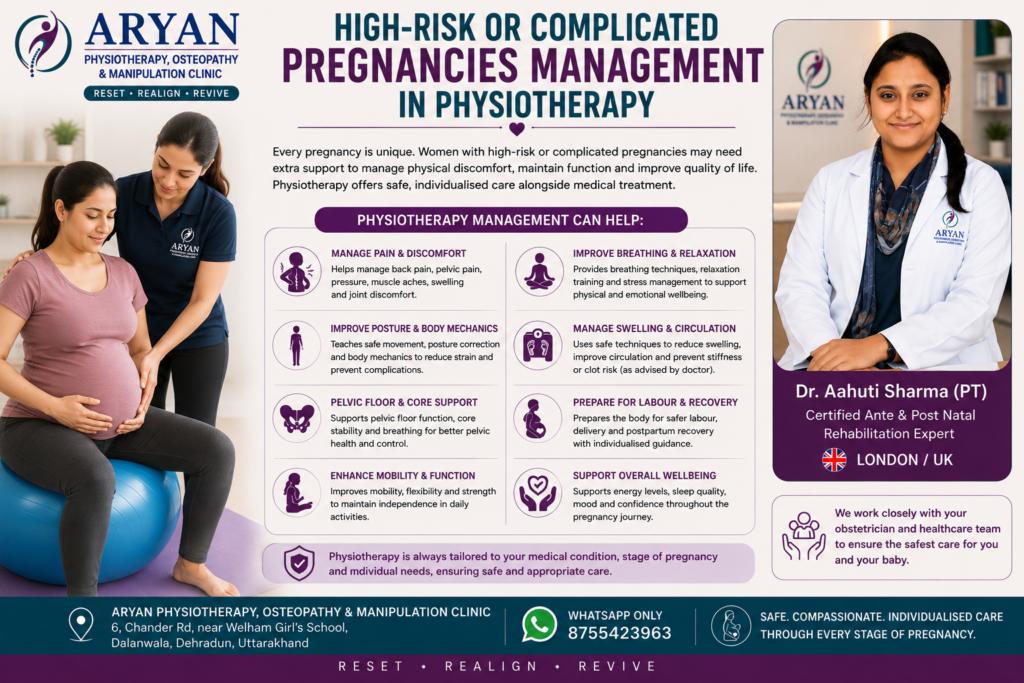 High-risk pregnancy physiotherapy in Dehradun featuring Dr. Aahuti Sharma (PT), Certified Ante & Post Natal Rehabilitation Expert (London/UK), explaining individualised physiotherapy support for pregnancy-related pain, mobility, posture, pelvic-floor function, breathing, swelling and physical recovery alongside medical care.