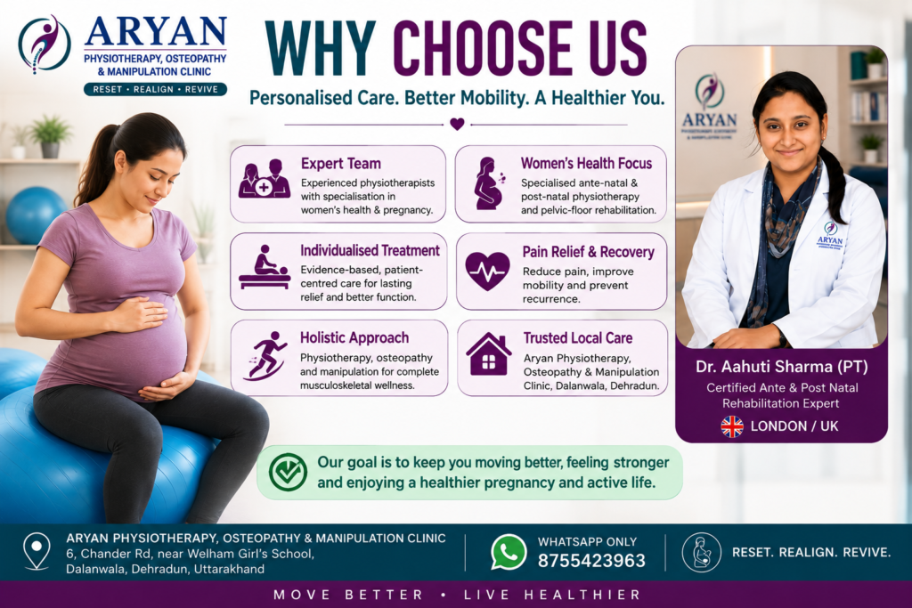 Why choose Aryan Physiotherapy in Dehradun for ante-natal and post-natal rehabilitation, featuring Dr. Aahuti Sharma (PT), Certified Ante & Post Natal Rehabilitation Expert (London/UK), with personalised pregnancy physiotherapy, women's health and pelvic-floor rehabilitation.