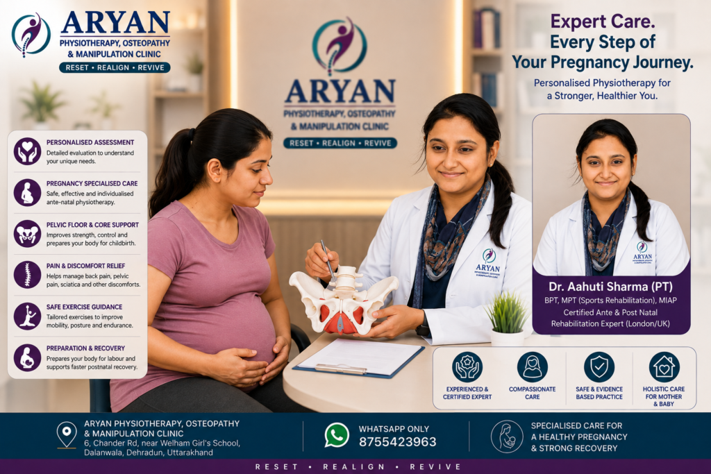 Dr. Aahuti Sharma (PT), BPT, MPT (Sports Rehabilitation), MIAP and Certified Ante & Post Natal Rehabilitation Expert (London/UK), consulting a pregnant patient at Aryan Physiotherapy, Dalanwala, Dehradun, for personalised ante-natal physiotherapy and pregnancy rehabilitation.