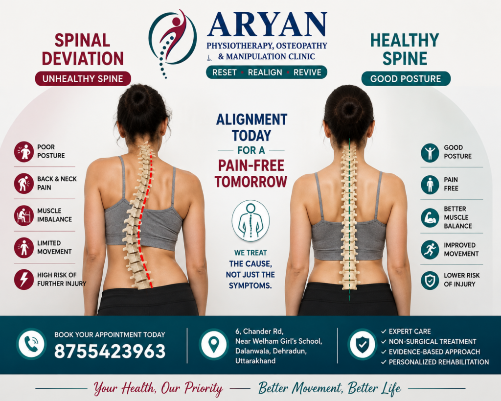Comparison of a patient with visible spinal deviation and poor posture beside a healthy, properly aligned spine, highlighting the benefits of posture correction and evidence-based physiotherapy at Aryan Physiotherapy, Osteopathy & Manipulation Clinic in Dehradun.