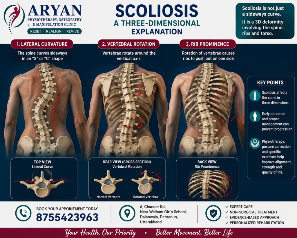 Educational medical infographic illustrating the three-dimensional nature of scoliosis with 3D views of lateral spinal curvature, vertebral rotation, and rib prominence, alongside explanatory diagrams and branding from Aryan Physiotherapy, Osteopathy & Manipulation Clinic in Dehradun.