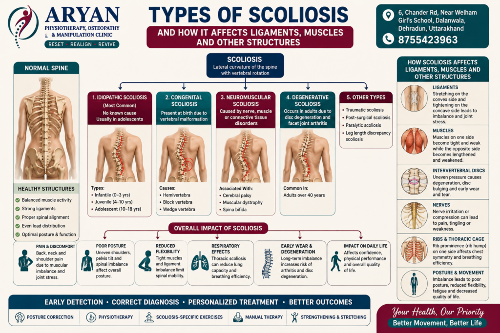 Comprehensive medical infographic showing a flowchart of different types of scoliosis—including idiopathic, congenital, neuromuscular, degenerative, and other forms—and illustrating how spinal curvature affects ligaments, muscles, intervertebral discs, nerves, ribs, posture, and movement. The infographic is branded by Aryan Physiotherapy, Osteopathy & Manipulation Clinic, Dehradun.
