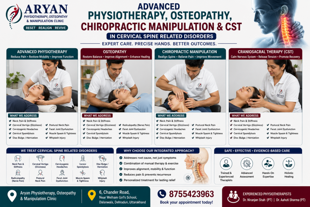 Professional medical infographic promoting advanced physiotherapy, osteopathy, chiropractic manipulation, and craniosacral therapy (CST) for cervical spine disorders. The image illustrates hands-on treatment approaches for neck pain, cervical vertigo, cervicogenic headaches, cervical spondylosis, disc bulge, muscle spasm, postural neck pain, and whiplash rehabilitation at Aryan Physiotherapy, Osteopathy & Manipulation Clinic in Dalanwala, Dehradun.