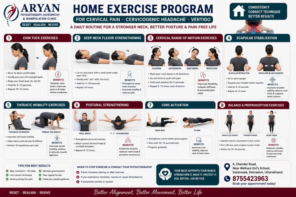 Educational infographic demonstrating a home exercise program for cervical pain, cervicogenic headaches, and cervical vertigo. The image includes chin tuck exercises, deep neck flexor strengthening, cervical range-of-motion exercises, scapular stabilization, thoracic mobility exercises, postural strengthening, core activation, and balance and proprioception training. The infographic is branded by Aryan Physiotherapy, Osteopathy & Manipulation Clinic, Dehradun.