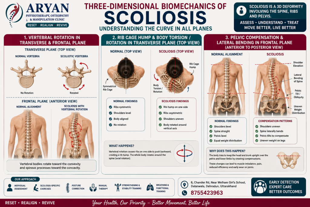 Educational medical infographic illustrating the three-dimensional biomechanics of scoliosis through three anatomical diagrams showing vertebral rotation in the transverse and frontal planes, rib cage hump with body torsion in the transverse plane (top view), and pelvic compensation with lateral spinal bending in the frontal plane. The infographic is branded by Aryan Physiotherapy, Osteopathy & Manipulation Clinic, Dehradun.