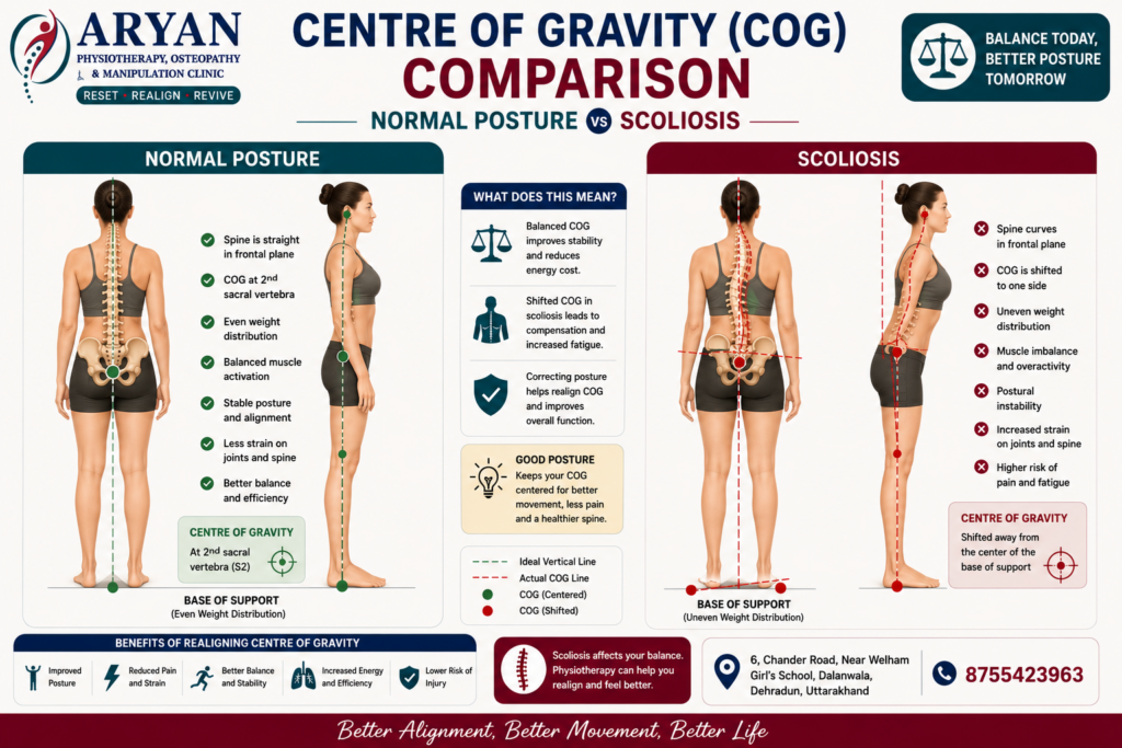 Educational medical infographic comparing the centre of gravity in normal posture and scoliosis. The image illustrates a straight spine in the frontal plane with the centre of gravity located at the second sacral vertebra (S2) in a healthy individual, contrasted with a shifted centre of gravity, spinal curvature, and postural compensation in scoliosis. The infographic is branded by Aryan Physiotherapy, Osteopathy & Manipulation Clinic, Dehradun.