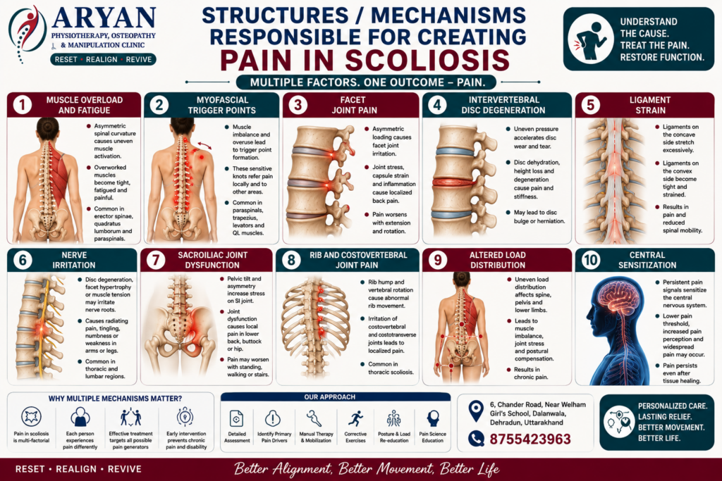 Educational medical infographic explaining the ten major mechanisms responsible for pain in scoliosis, including muscle overload, myofascial trigger points, facet joint pain, intervertebral disc degeneration, ligament strain, nerve irritation, sacroiliac joint dysfunction, rib and costovertebral joint pain, altered load distribution, and central sensitization. The infographic is branded by Aryan Physiotherapy, Osteopathy & Manipulation Clinic, Dehradun.