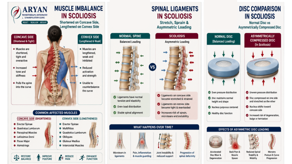 Medical infographic comparing a healthy intervertebral disc with an asymmetrically compressed disc caused by scoliosis. The illustration demonstrates balanced versus uneven disc loading, changes in disc shape, pressure distribution, and the resulting risks of degeneration, disc bulge, herniation, spinal instability, and back pain. The infographic is branded by Aryan Physiotherapy, Osteopathy & Manipulation Clinic, Dehradun.