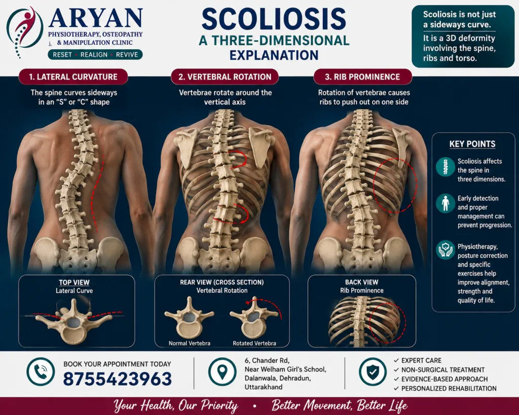 Educational medical infographic illustrating the three-dimensional nature of scoliosis with 3D views of lateral spinal curvature, vertebral rotation, and rib prominence, alongside explanatory diagrams and branding from Aryan Physiotherapy, Osteopathy & Manipulation Clinic in Dehradun.