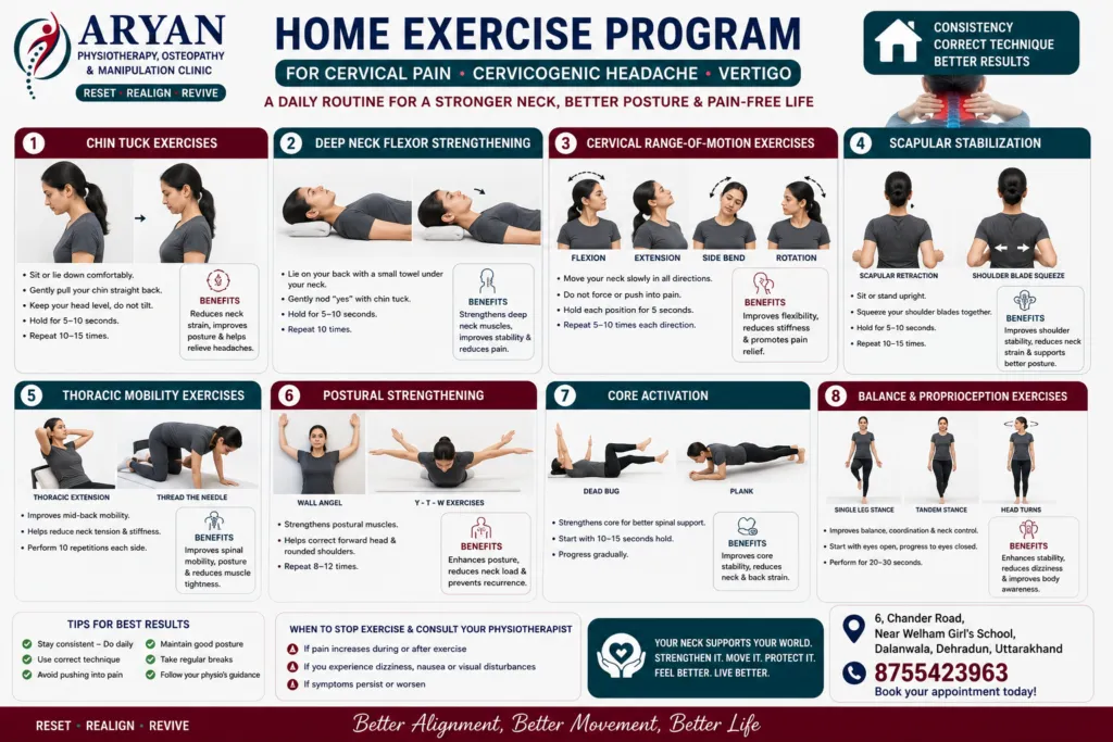 Educational infographic demonstrating a home exercise program for cervical pain, cervicogenic headaches, and cervical vertigo. The image includes chin tuck exercises, deep neck flexor strengthening, cervical range-of-motion exercises, scapular stabilization, thoracic mobility exercises, postural strengthening, core activation, and balance and proprioception training. The infographic is branded by Aryan Physiotherapy, Osteopathy & Manipulation Clinic, Dehradun.
