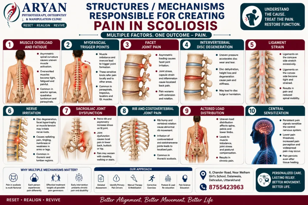 Educational medical infographic explaining the ten major mechanisms responsible for pain in scoliosis, including muscle overload, myofascial trigger points, facet joint pain, intervertebral disc degeneration, ligament strain, nerve irritation, sacroiliac joint dysfunction, rib and costovertebral joint pain, altered load distribution, and central sensitization. The infographic is branded by Aryan Physiotherapy, Osteopathy & Manipulation Clinic, Dehradun.