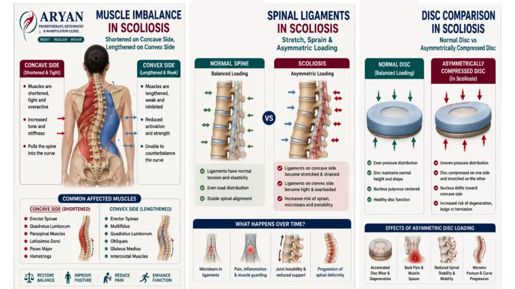 Medical infographic comparing a healthy intervertebral disc with an asymmetrically compressed disc caused by scoliosis. The illustration demonstrates balanced versus uneven disc loading, changes in disc shape, pressure distribution, and the resulting risks of degeneration, disc bulge, herniation, spinal instability, and back pain. The infographic is branded by Aryan Physiotherapy, Osteopathy & Manipulation Clinic, Dehradun.